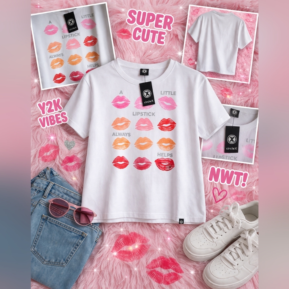 NWT Circle X Lipstick Graphic Tee Size Large Y2K Coquette Barbiecore Kiss Print